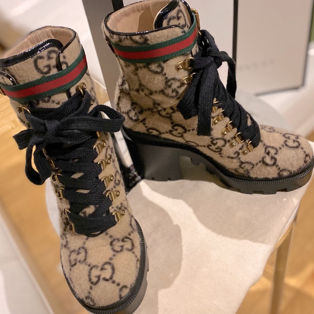 GUCCI Wool covered GG Monogram Womens Lace Up Combat Ankle Boots